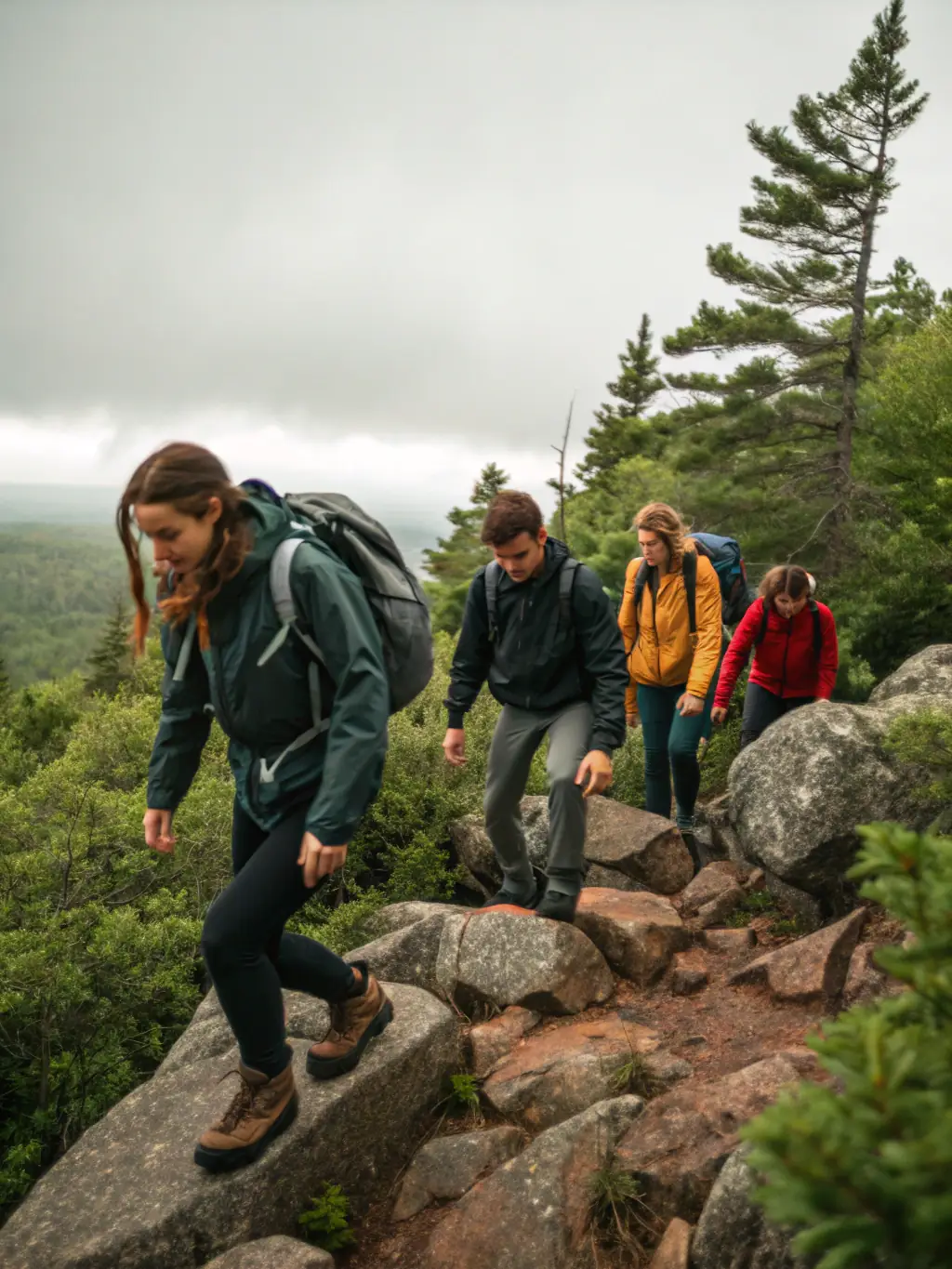 A diverse group of people participating in a community climbing event organized by COM DEP FED FR MONTAGNE ESCALADE CANTAL, emphasizing inclusion and community engagement. The setting should be outdoors, possibly at a local climbing area.