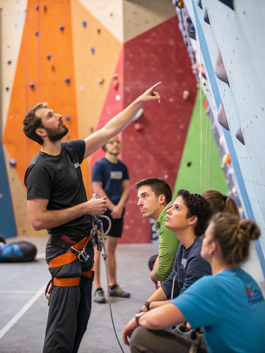 A group of climbers participating in a training session on a climbing wall, showcasing the skill development aspect of COM DEP FED FR MONTAGNE ESCALADE CANTAL's programs. The image should convey energy and focus.