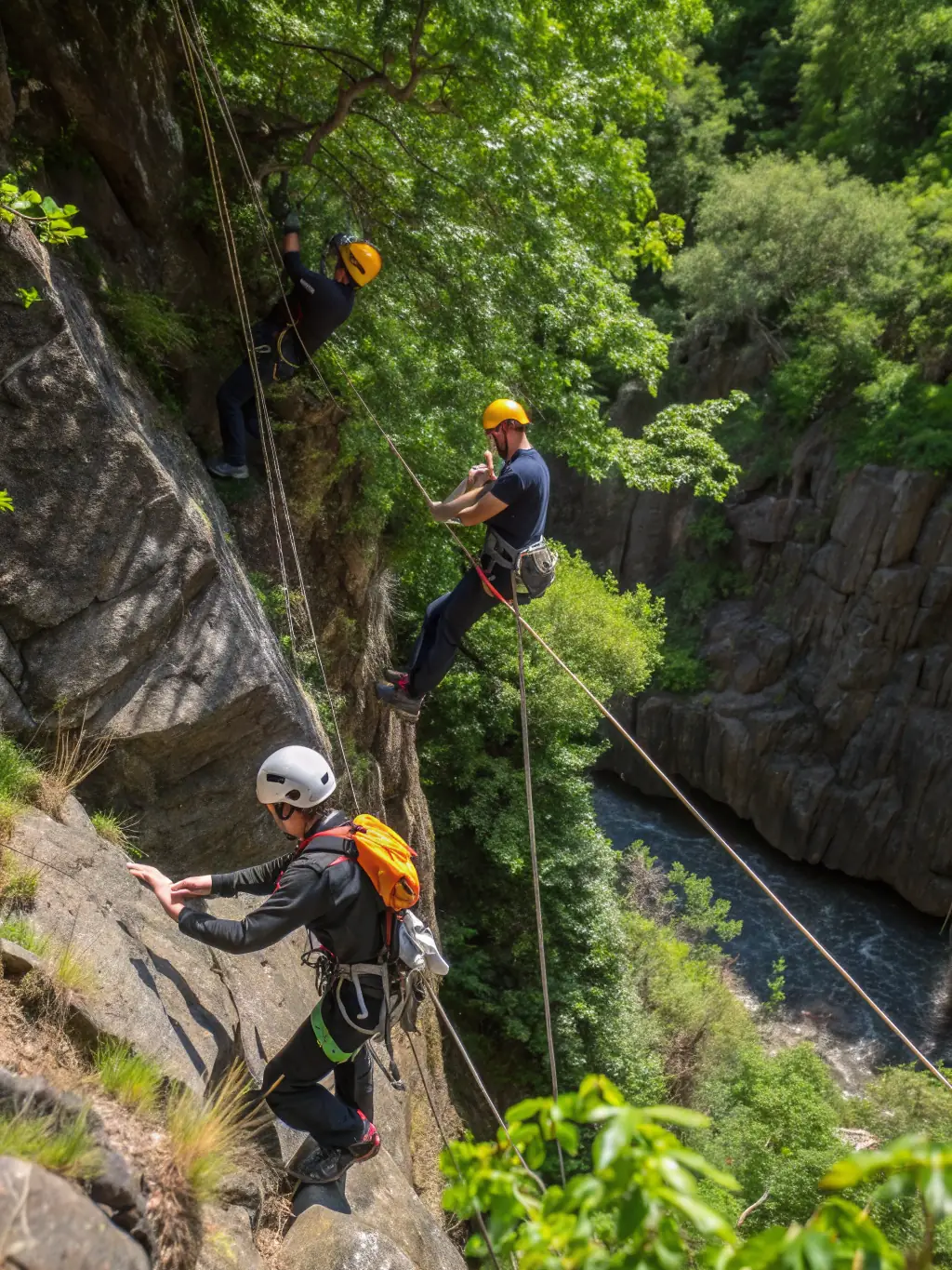 A group of climbers scaling a rock face outdoors, showcasing the challenge and teamwork involved in climbing activities offered by COM DEP FED FR MONTAGNE ESCALADE CANTAL.