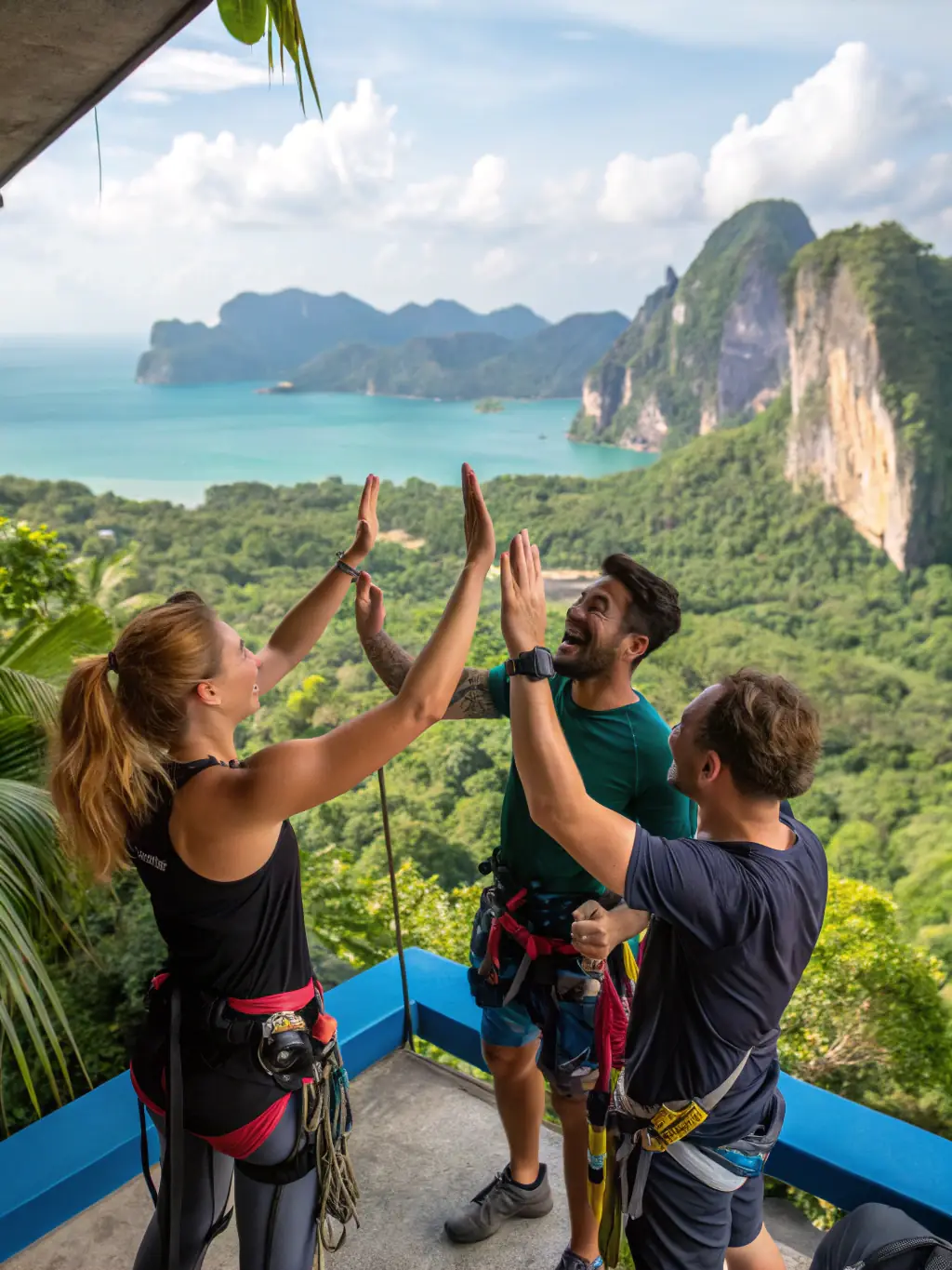 A vibrant image of a group of diverse individuals successfully reaching the summit of a climbing wall, showcasing teamwork and achievement in a COM DEP FED FR MONTAGNE ESCALADE CANTAL program.
