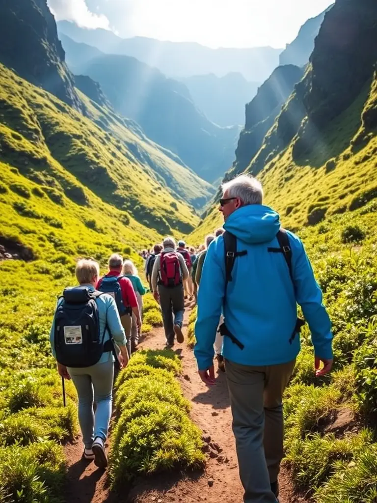 A dynamic photo of participants engaged in a mountain hiking activity, emphasizing the physical fitness and health benefits promoted by COM DEP FED FR MONTAGNE ESCALADE CANTAL.