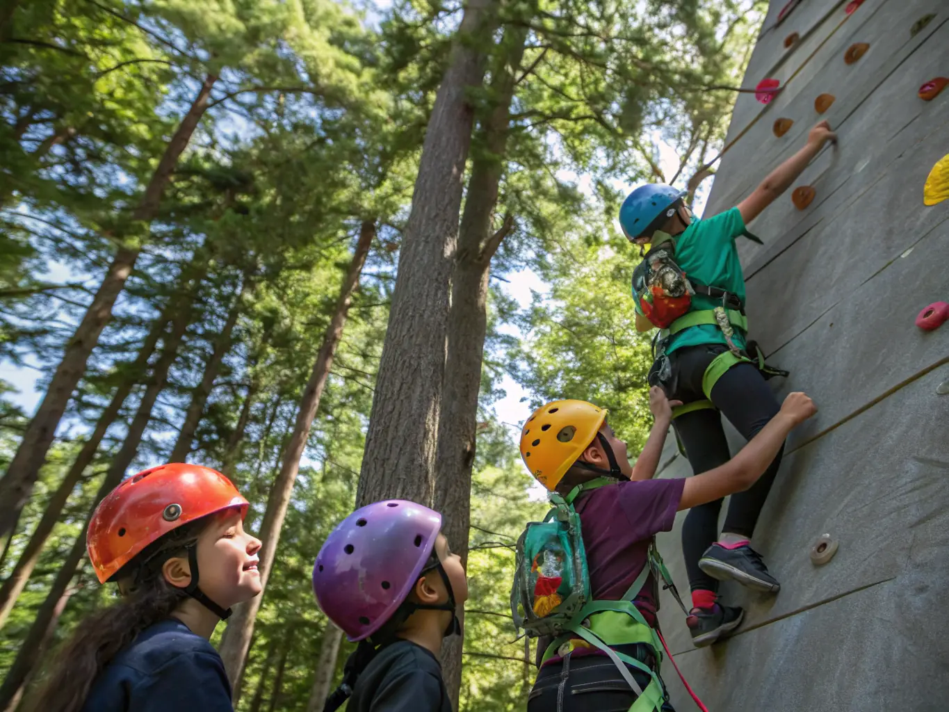 A group of climbers participating in a beginner's rock climbing course, learning basic techniques and safety procedures on a sunny day.