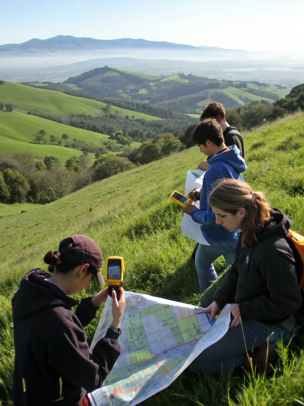 A photo of participants learning to navigate using maps and compasses in a mountainous area, emphasizing the importance of orienteering skills.