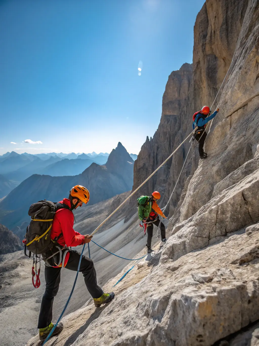A group of climbers scaling a rock face, showcasing the challenge and teamwork involved in the activity, set against a backdrop of the Cantal mountains.
