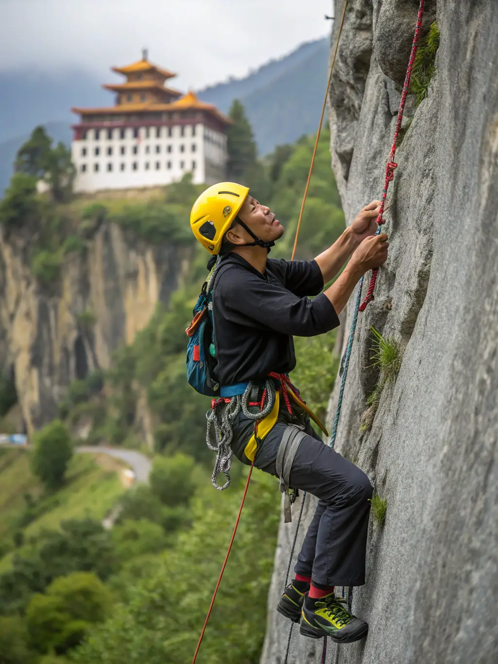 A captivating image of a climber rappelling down a rock face, demonstrating the safe practices and expert guidance provided by COM DEP FED FR MONTAGNE ESCALADE CANTAL.