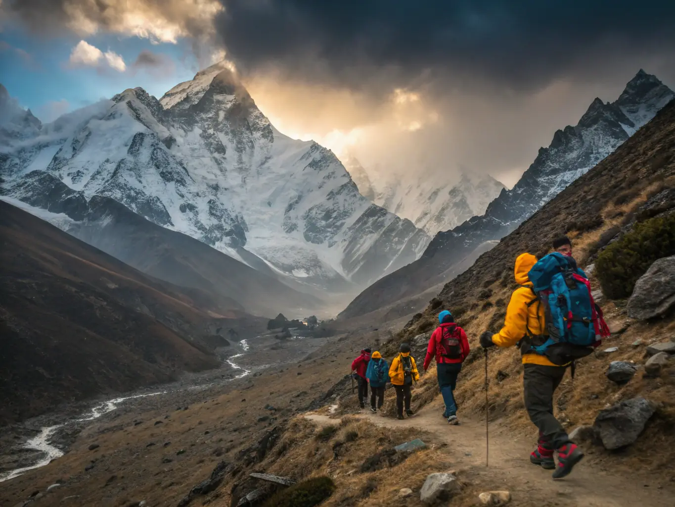 A scenic image of a mountaineering expedition team traversing a snowy mountain ridge, showcasing teamwork and the challenges of high-altitude climbing.
